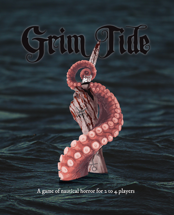 poster of a hand holding a knife, reaching out of water, wrapped in an octopus tentacle. above the image is the text "Grim Tide"