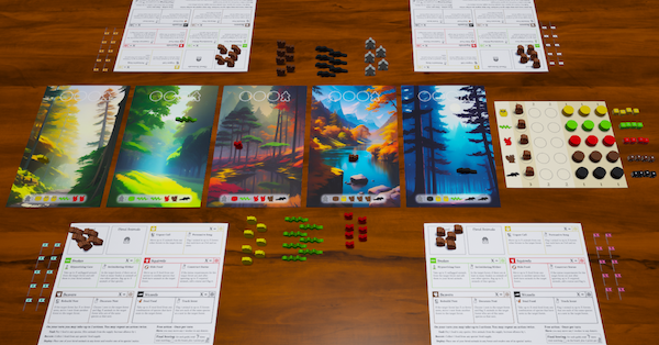 a computer graphic of a simulated table with several small game boards illustrated with colorful forests, and several small, animal-shaped game pieces.